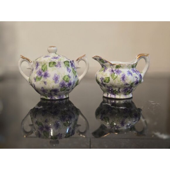 Vintage Lefton Violet Chintz mini Sugar & Creamer Set  Purple Floral Fine China - Picture 2 of 11